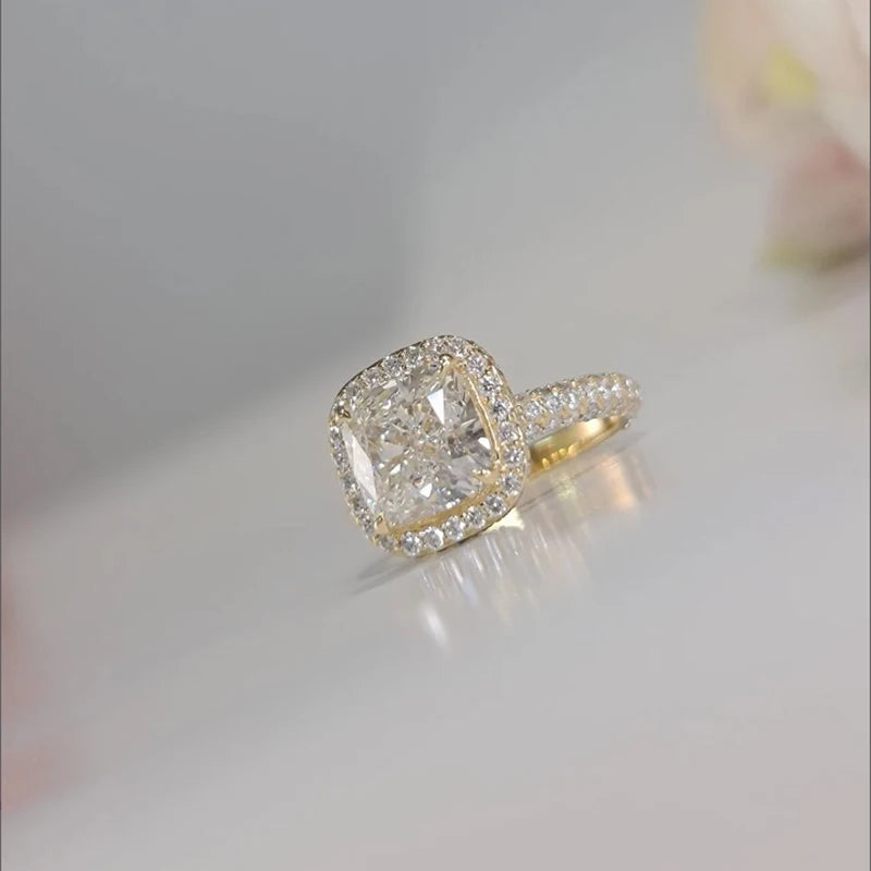 3.0 Carat Lab Diamond Cushion Halo Ring in 14K Yellow Gold