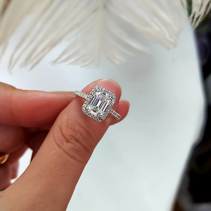 1.94 Carat Diamond Emerald Cut Halo Ring in 14K White Gold