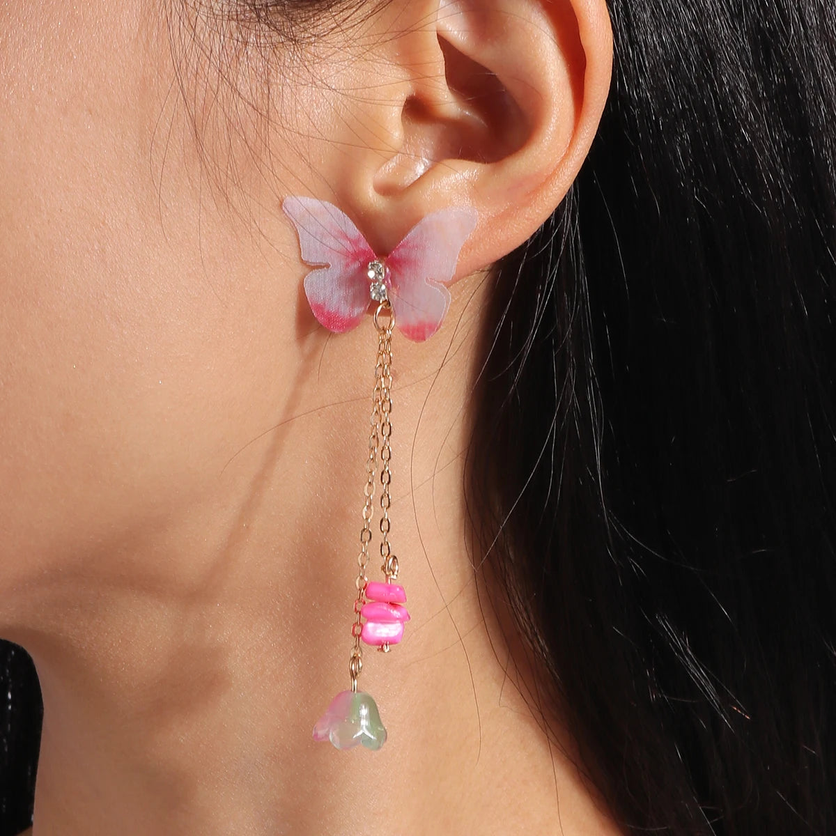 WOW Butterfly Pink Flower Long Earrings