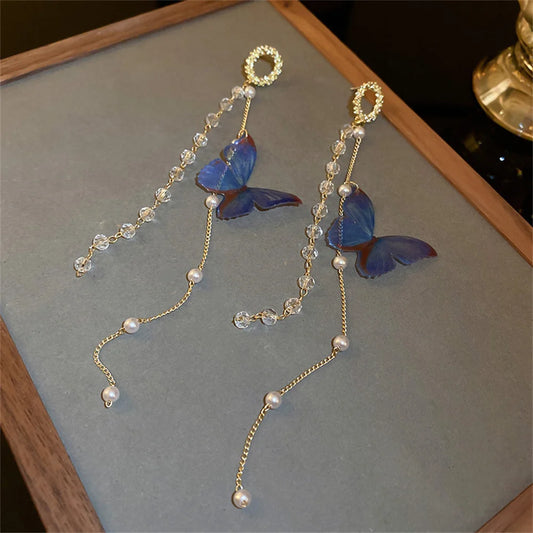 WOW Butterfly Crystal Pearl Long Earrings