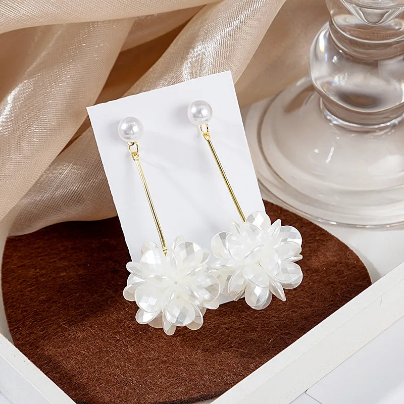 White Flower Straight Drop Earrings