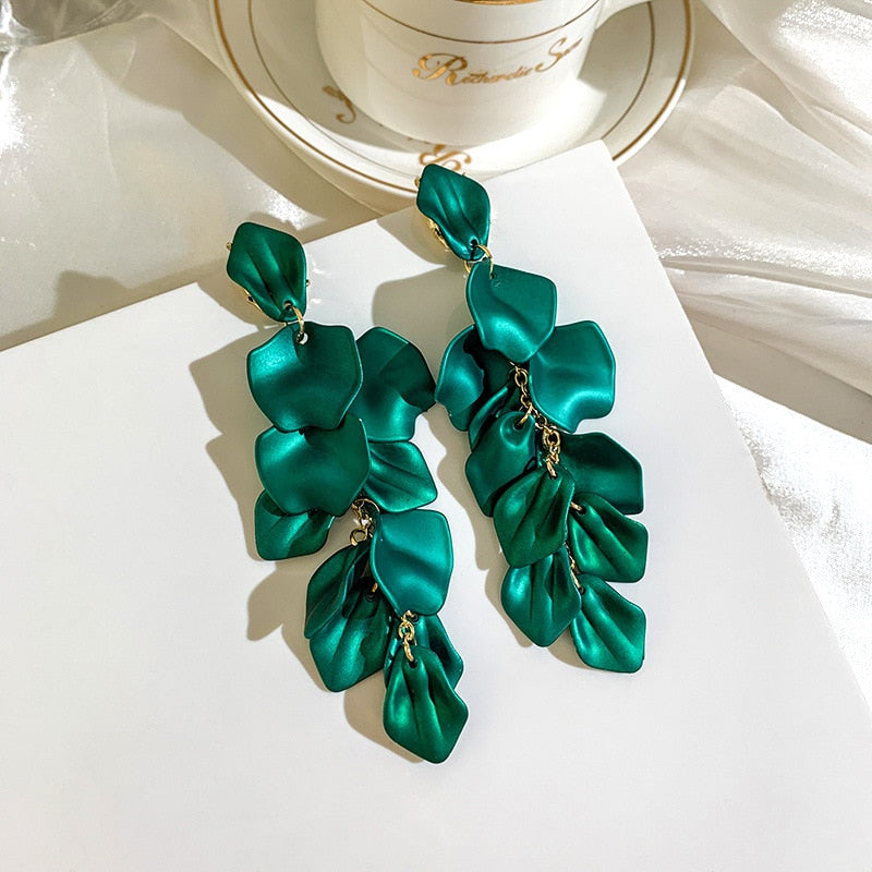 Rose Petal Long Drop Earrings - Green