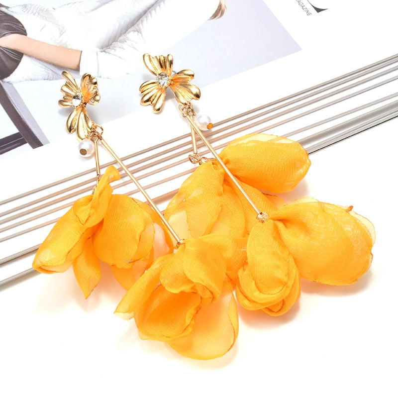 Fabric Flower Drop Earrings - Yellow