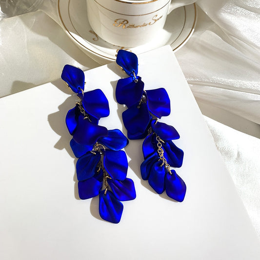 Rose Petal Long Drop Earrings - Royal Blue