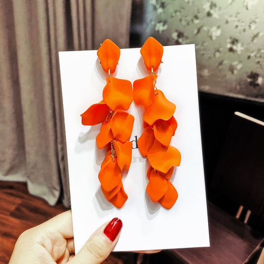 Rose Petal Long Drop Earrings - Orange