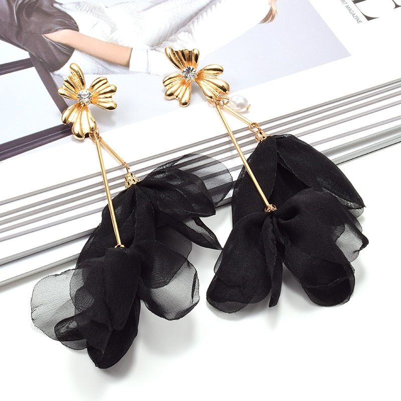 Fabric Flower Drop Earrings - Black