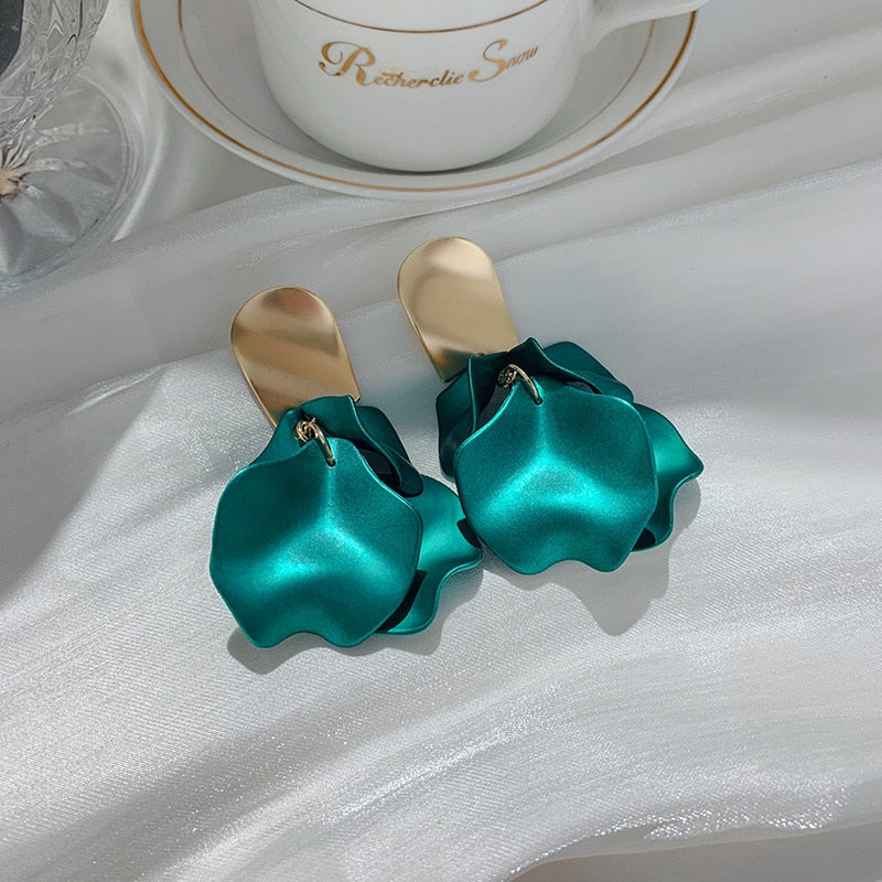 Rose Petal Short Drop Earrings - Teal