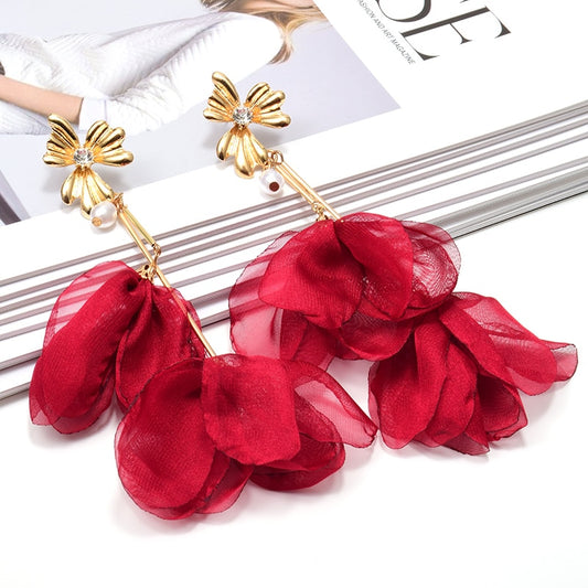 Fabric Flower Drop Earrings - Red