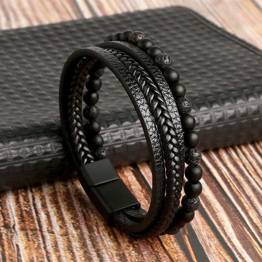 Classic Beaded & Leather Bracelet - Black