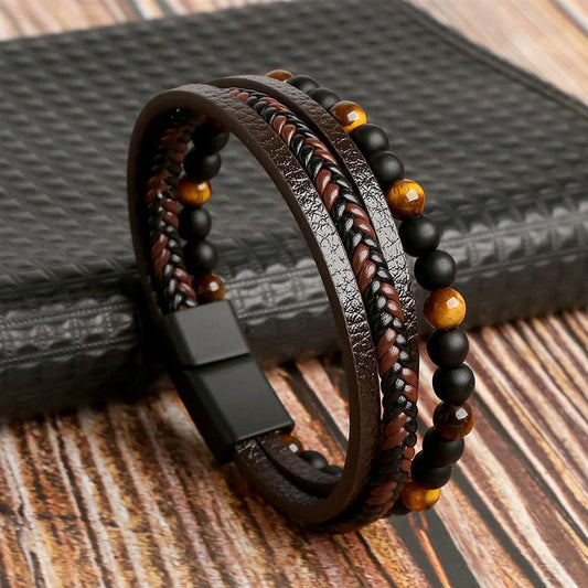 Classic Beaded & Leather Bracelets - Brown