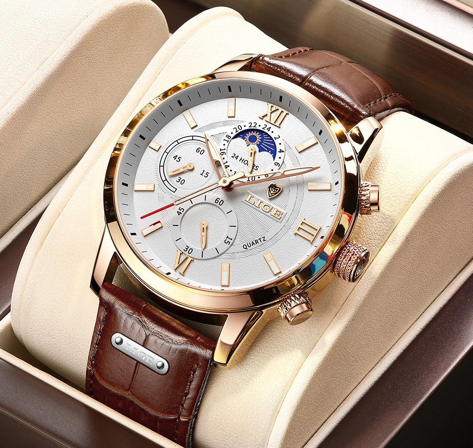Luxury Leather Men's Watch -  Brown & White