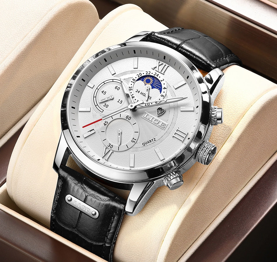 Luxury Leather Men's Watch -  Black & White