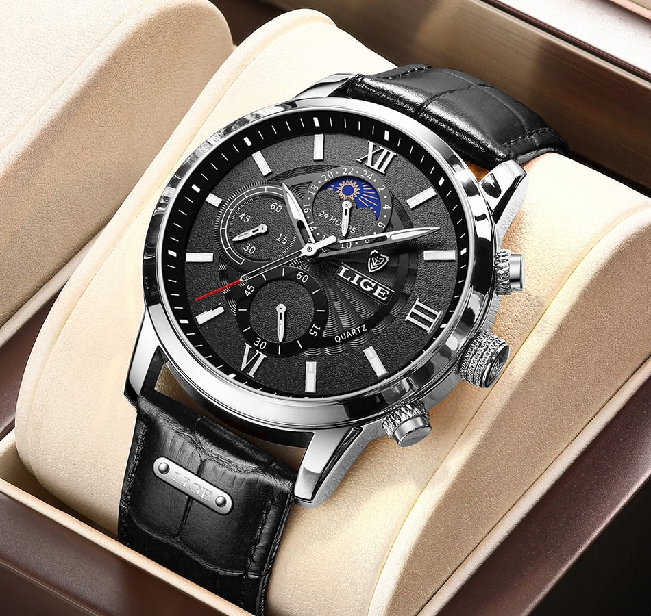 Luxury Leather Men's Watch -  Black & Silver