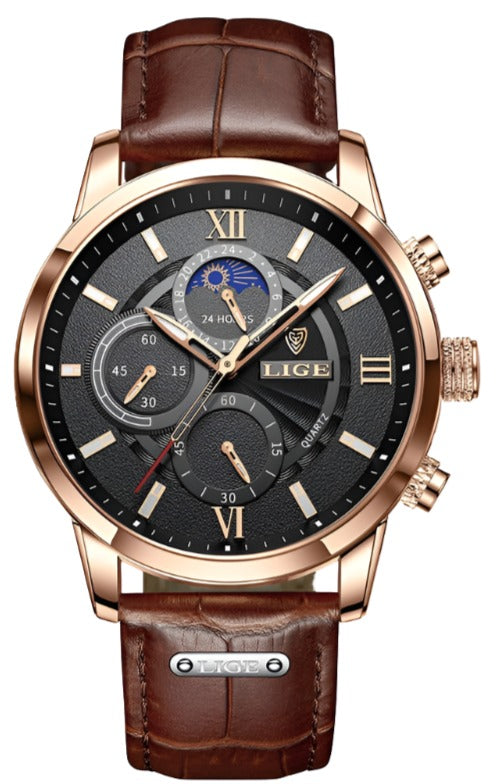 Luxury Leather Men's Watch -  Brown & Black