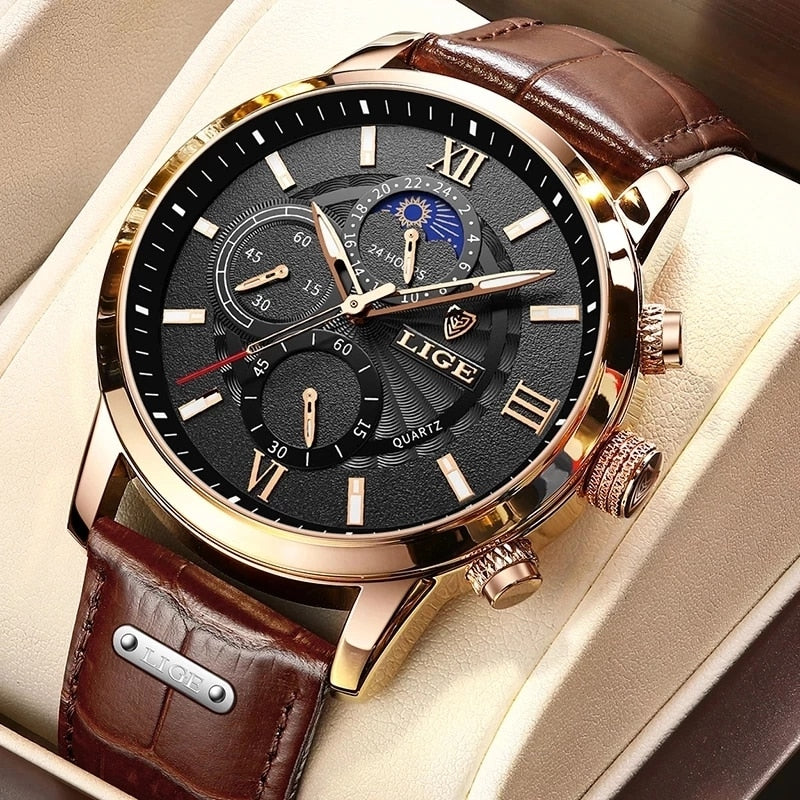 Luxury Leather Men's Watch -  Brown & Black