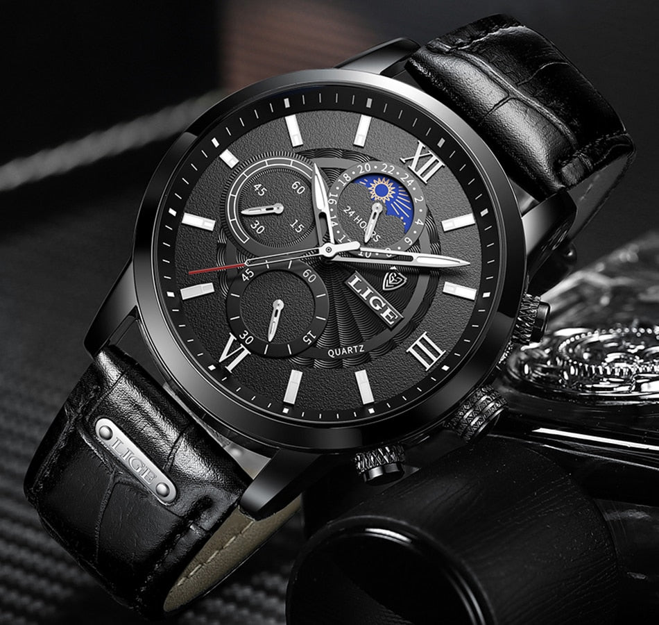 Luxury Leather Men's Watch -  Black