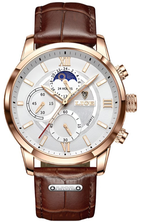 Luxury Leather Men's Watch -  Brown & White