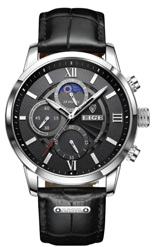 Luxury Leather Men's Watch -  Black & Silver