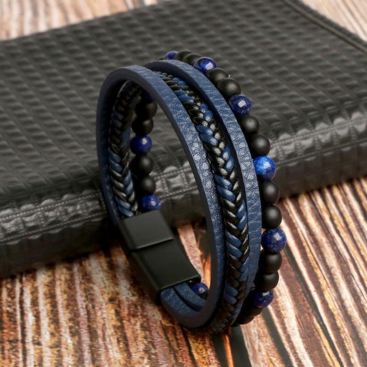 Classic Beaded & Leather Bracelets - Blue