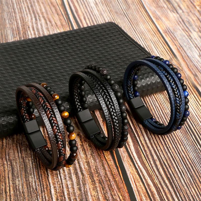 Classic Beaded & Leather Bracelets - Blue